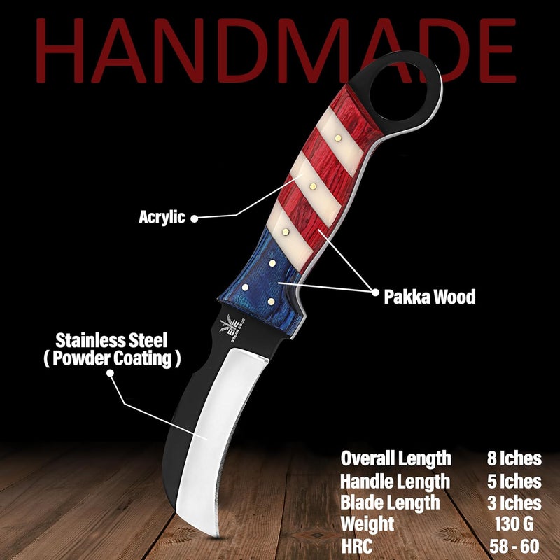 BE BREAK EDGE Handmade Steel Lineman’s Hawkbill knife with Leather sheath, Heavy Duty Utility Knife blade Electrician Wire Skinning knife for professional. (Red,White&Blue) - Image 2